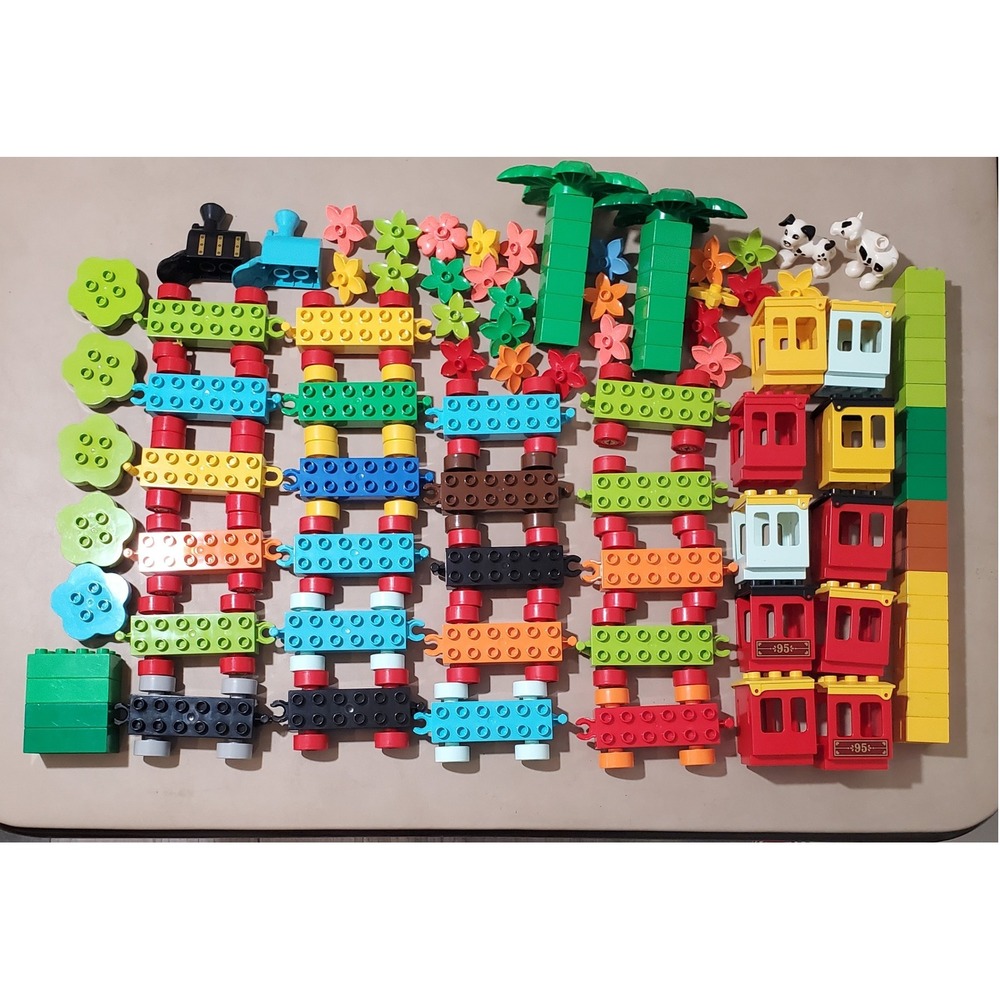 LEGO Duplo Train Set Lot Animals Palm Trees Flowers Rolling Cars Blocks 70+ Pc